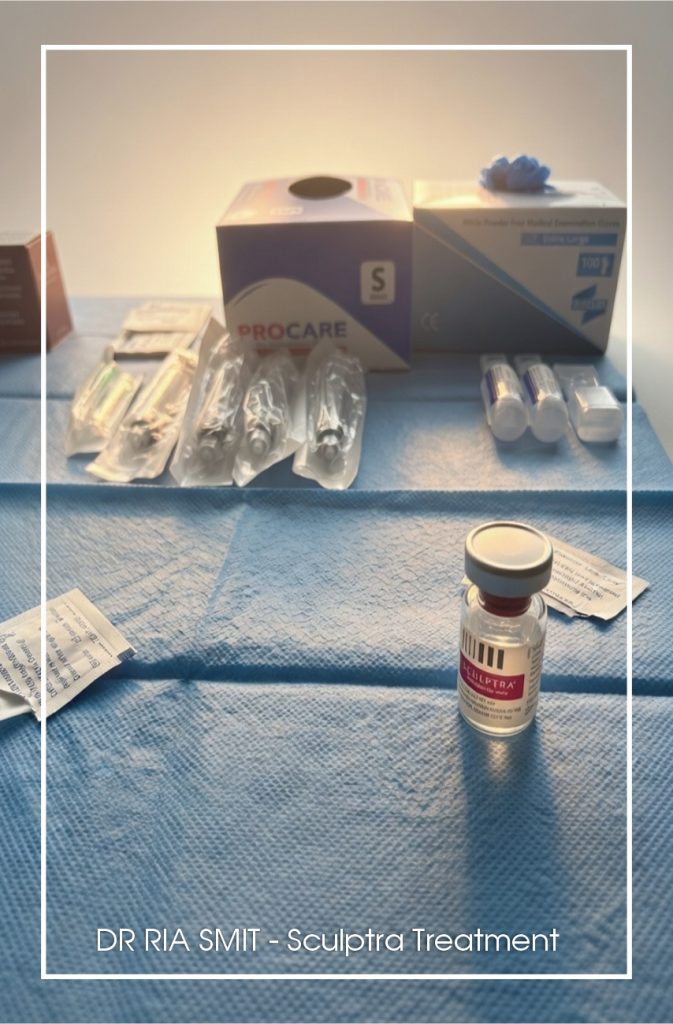 Professional Sculptra setup with poly-L-lactic acid vials and sterile tools for safe, effective volume restoration in Paarl. Ready for Your Sculptra Transformation in the Cape Winelands with Dr. Ria Smit!